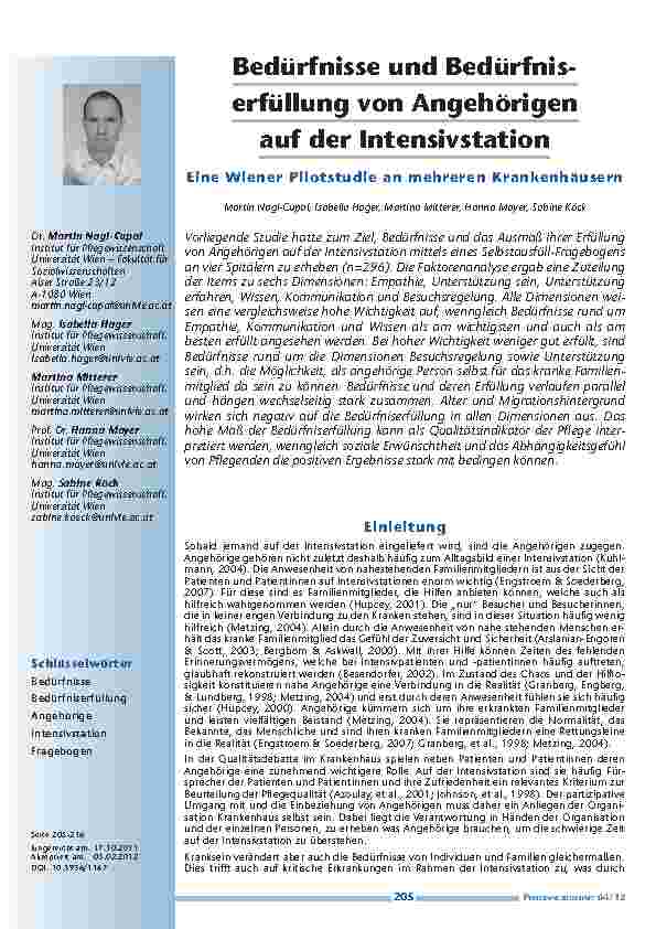 [doc_201217] Bedürfnisse und Bedürfniserfüllung von Angehörigen auf der Intensivstation - Eine Wiener Pilotstudie an mehreren Krankenhäusern