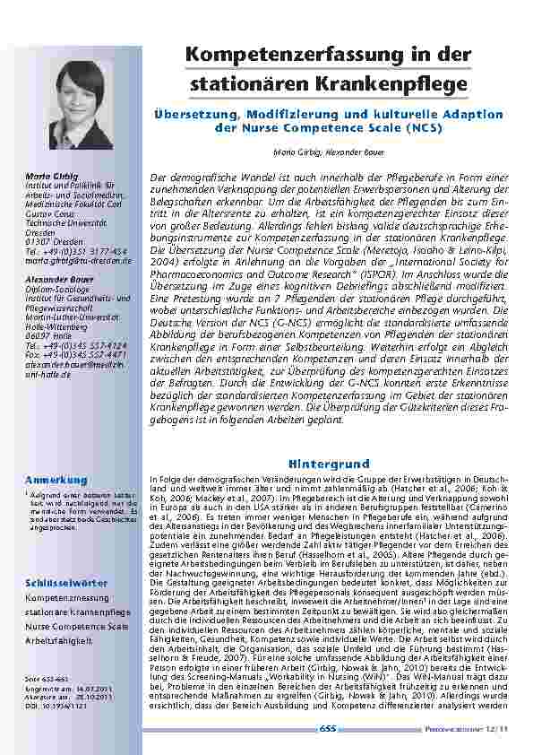 [doc_201188] Kompetenzerfassung in der stationären Krankenpflege - Übersetzung, Modifizierung und kulturelle Adaption der Nurse Competence Scale (NCS)