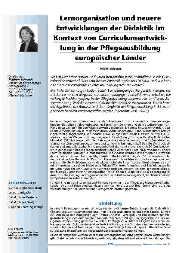 Lernorganisation und neuere Entwicklungen der Didaktik im Kontext von Curriculumentwicklung in der Pflegeausbildung europäischer Länder