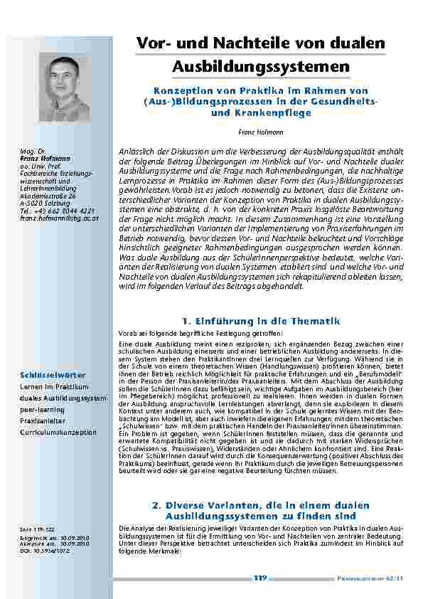 [doc_201132] Vorund Nachteile von dualen Ausbildungssystemen. Konzeption von Praktika im Rahmen von (Aus-)Bildungsprozessen in der Gesundheitsund Krankenpflege