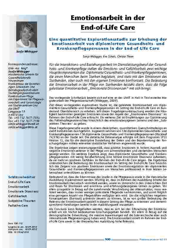 Emotionsarbeit in der End-of-Life Care. Eine quantitative Explorationsstudie zur Erhebung der Emotionsarbeit von diplomiertem Gesundheitsund Krankenpflegepersonen in der End-of-Life Care