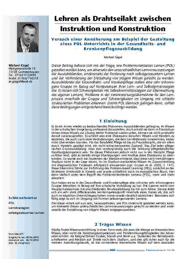 Lehren als Drahtseilakt zwischen Instruktion und Konstruktion – Versuch einer Annäherung am Beispiel der Gestaltung eines POL-Unterrichts in der Gesundheitsund Krankenpflegeausbildung