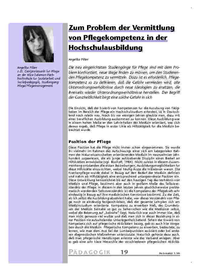 [doc_201112] Zum Problem der Vermittlung von Pflegekompetenz in der Hochschulausbildung