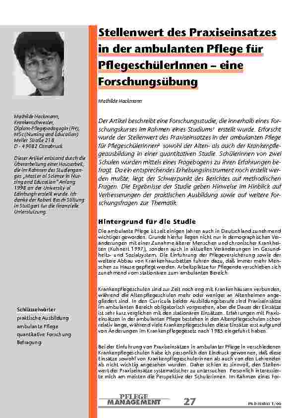 Stellenwert des Praxiseinsatzes in der ambulanten Pflege für PflegeschülerInnen – eine Forschungsübung