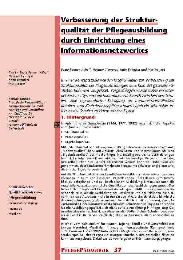 Verbesserung der Struktur-qualität der Pflegeausbildung durch Einrichtung eines Informationsnetzwerkes