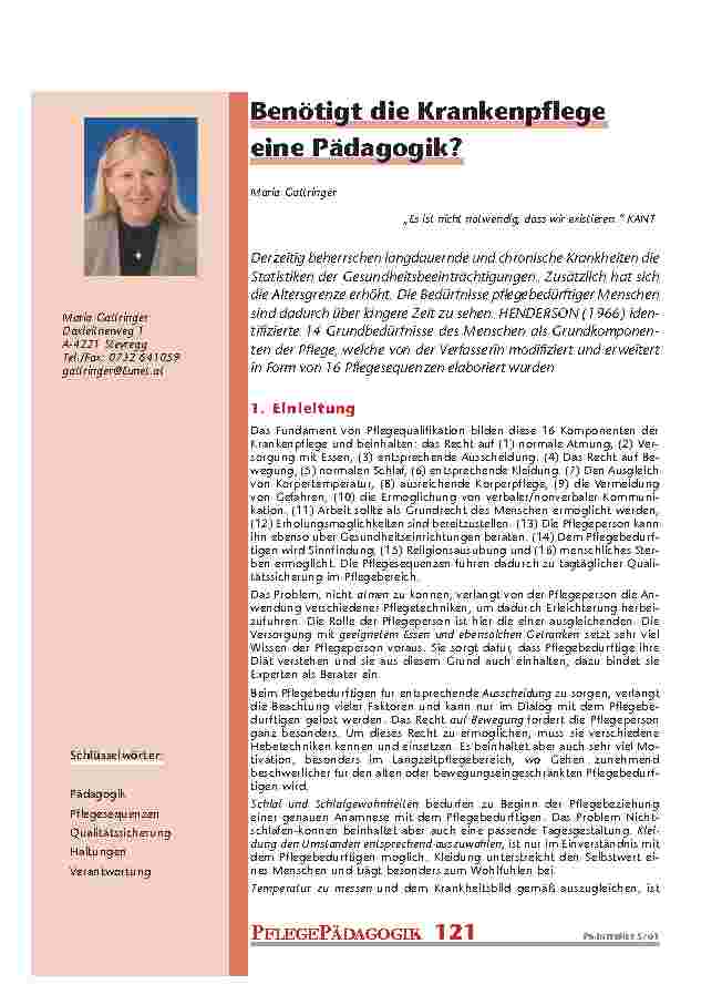 Benötigt die Krankenpflege eine Pädagogik?