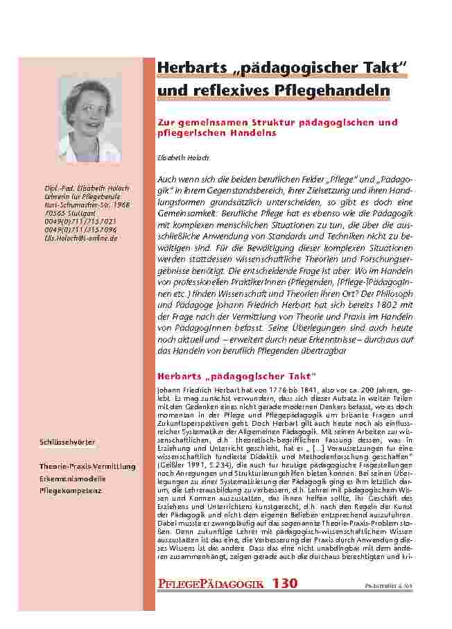 Herbarts „pädagogischer Takt“ und reflexives Pflegehandeln