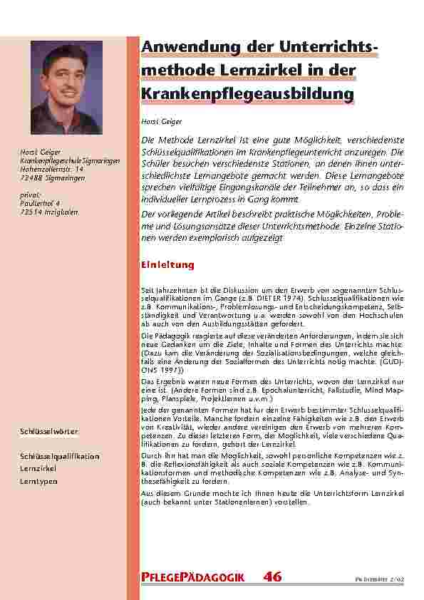 [doc_200850] Anwendung der Unterrichtsmethode Lernzirkel in der Krankenpflegeausbildung