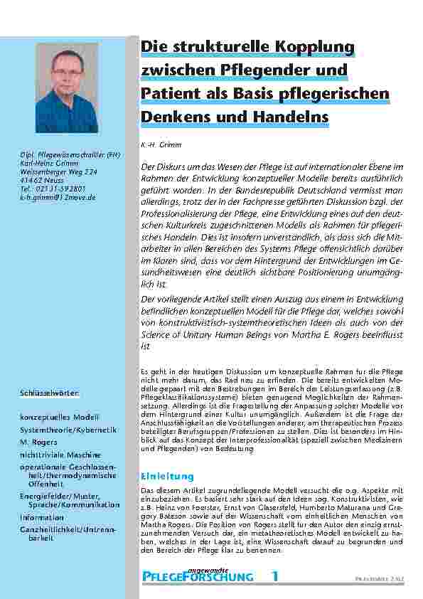 Die strukturelle Kopplung zwischen Pflegender und Patient als Basis pflegerischen Denkens und Handelns