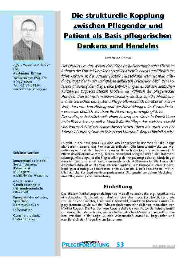 Die strukturelle Kopplung zwischen Pflegender und Patient als Basis pflegerischen Denkens und Handelns