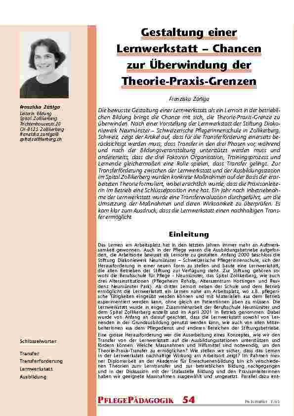 [doc_200764] Gestaltung einer Lernwerkstatt – Chancen zur Überwindung der Theorie-Praxis-Grenzen