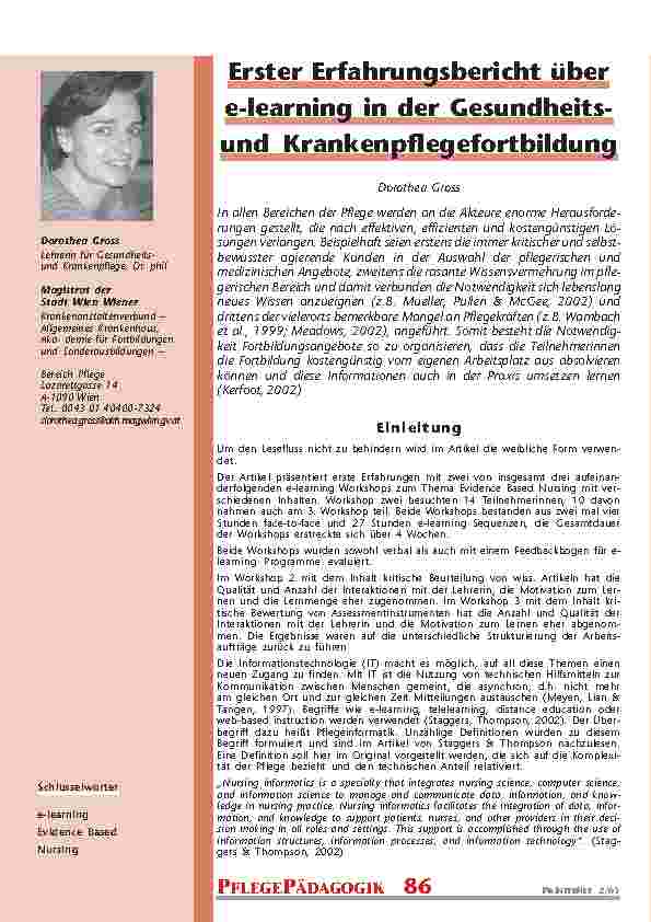 [doc_200763] Erster Erfahrungsbericht übere-learning in der GesundheitsundKrankenpflegefortbildung