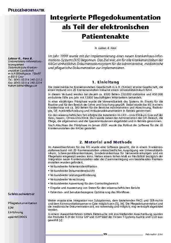 Integrierte Pflegedokumentationals Teil der elektronischenPatientenakte