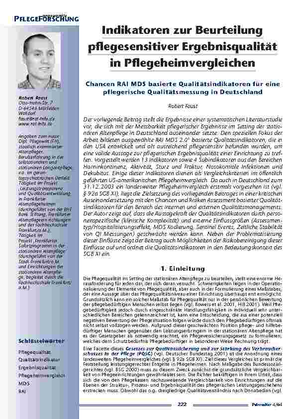 Indikatoren zur Beurteilungpflegesensitiver Ergebnisqualitätin Pflegeheimvergleichen