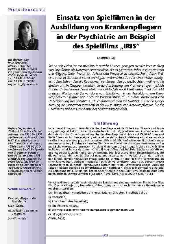 [doc_200626] Einsatz von Spielfilmen in derAusbildung von Krankenpflegernin der Psychiatrie am Beispieldes Spielfilms „IRIS“