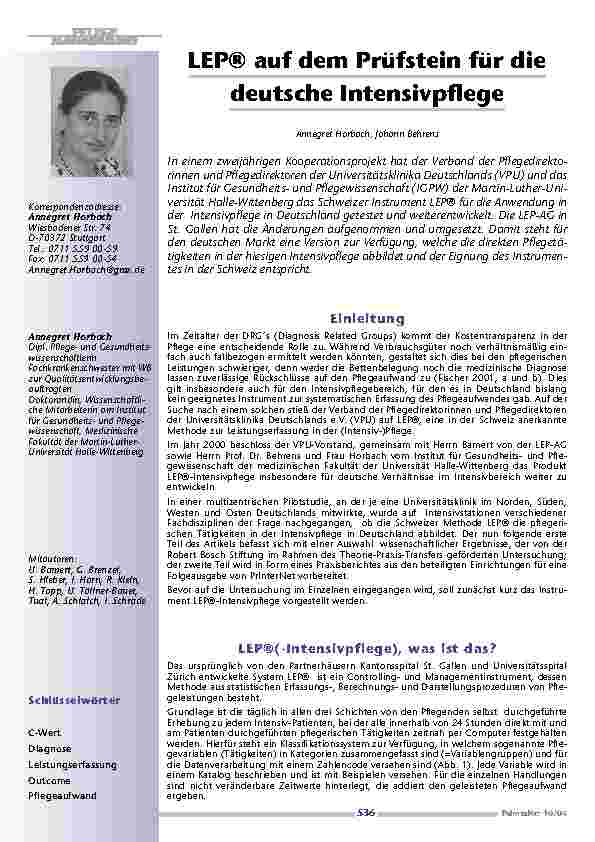 [doc_200625] LEP® auf dem Prüfstein für diedeutsche Intensivpflege