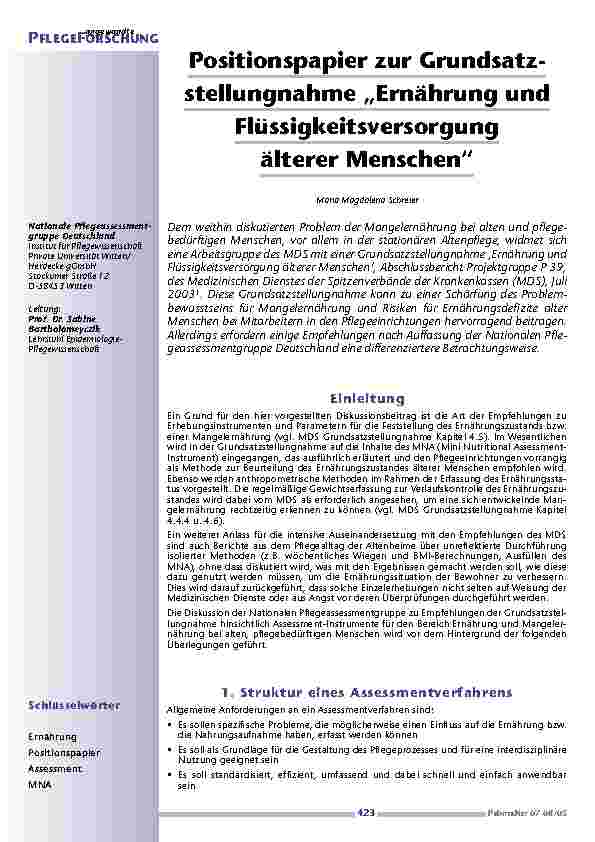 Positionspapier zur Grundsatz-stellungnahme „Ernährung undFlüssigkeitsversorgung älterer Menschen“