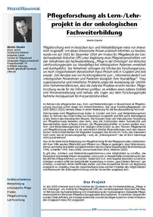 [doc_200469] Pflegeforschung als Lern-/Lehrprojekt in der onkologischen Fachweiterbildung