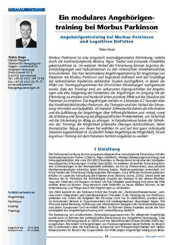[doc_200423] Ein modulares Angehörigentraining bei Morbus Parkinson