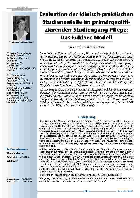 [doc_200382] Evaluation der klinisch-praktischenStudienanteile im primärqualifizierendenStudiengang Pflege: Das Fuldaer Modell