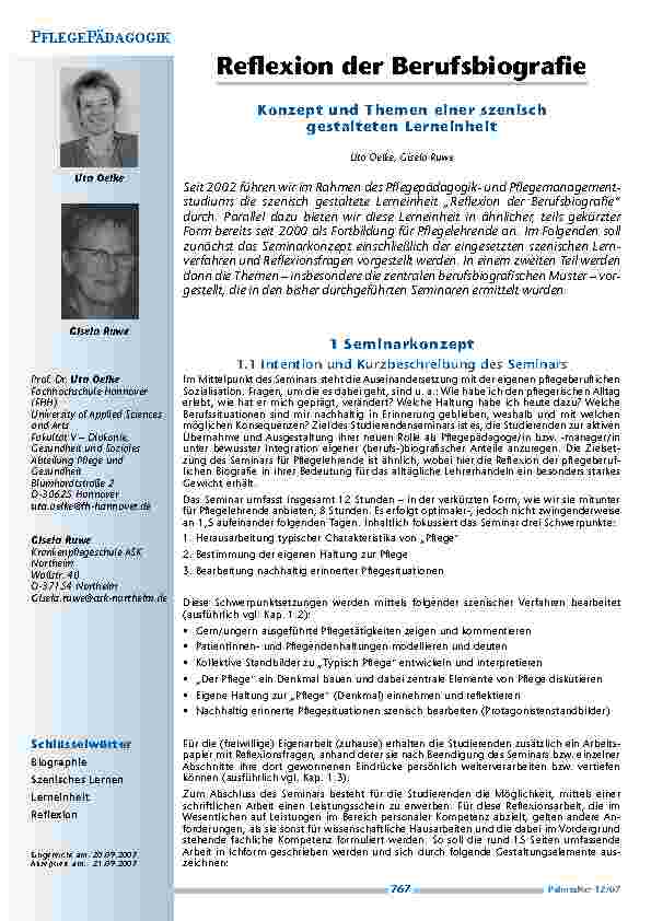 [doc_200343] Reflexion der Berufsbiographie - Konzept und Themen einer szenisch gestalteten Lerneinheit
