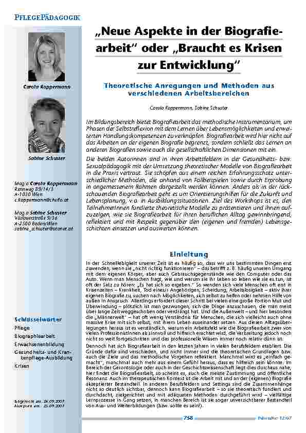 [doc_200342] „Neue Aspekte in der Biographiearbeit“ oder „Braucht es Krisen zur Entwicklung“? Theoretische Anregungen und Methoden aus verschiedenen Arbeitsbereichen