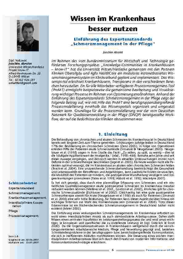 [doc_200340] Wissen im Krankenhaus besser nutzen: Einführung des Expertenstandards „Schmerzmanagement in der Pflege“