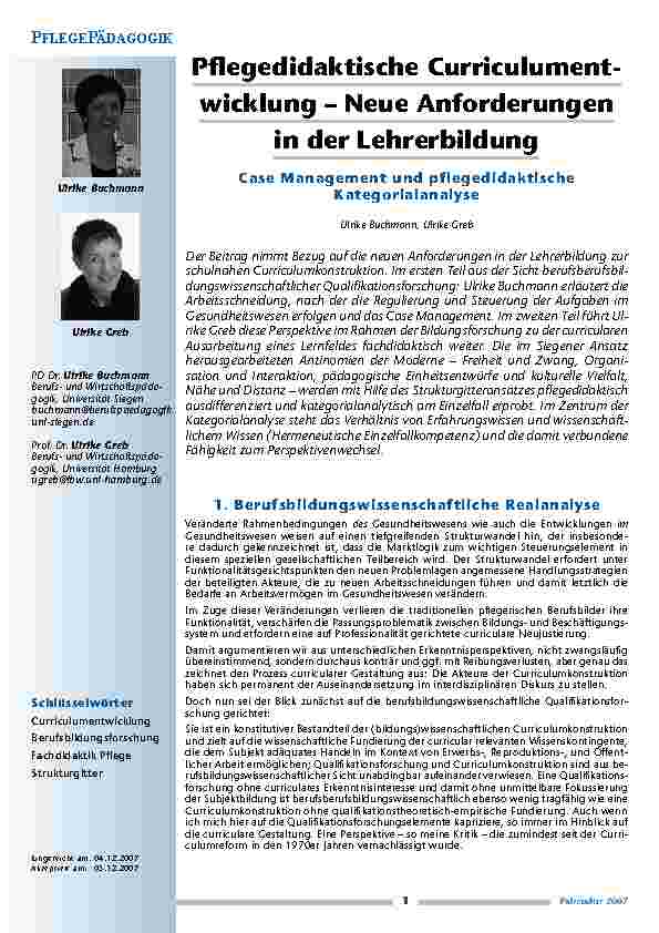 [doc_200328] Pflegedidaktische Curriculumentwicklung – Neue Anforderungen in der Lehrerbildung Case Management und pflegedidaktische Kategorialanalyse