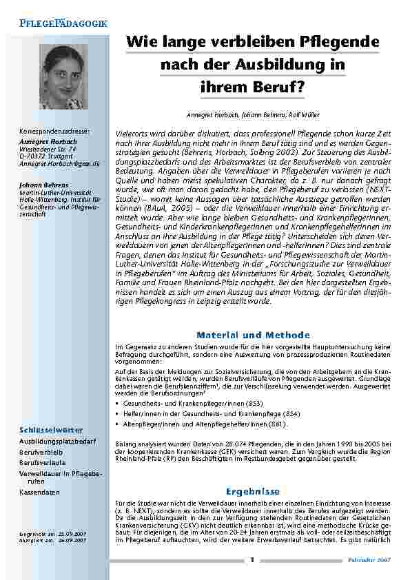 [doc_200327] Wie lange verbleiben Pflegendenach der Ausbildung inihrem Beruf?