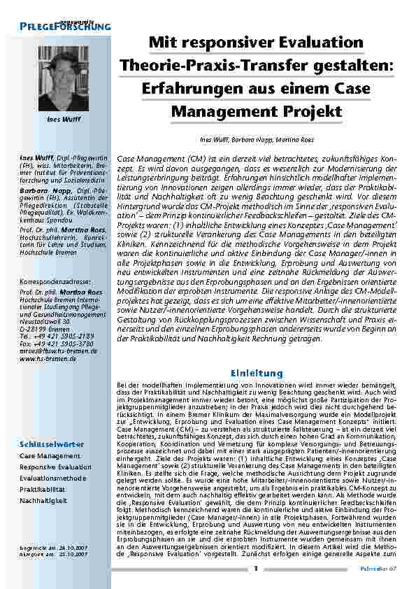 [doc_200255] Mit responsiver Evaluation Theorie-Praxis-Transfer gestalten: Erfahrungen aus einem Case Management Projekt