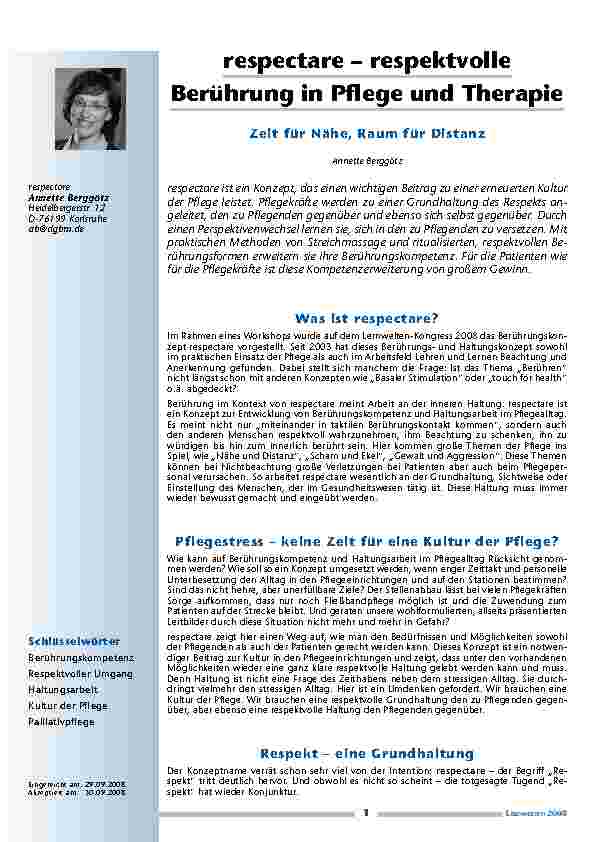 [doc_200210] respectare – respektvolle Berührung in Pflege und Therapie – Zeit für Nähe, Raum für Distanz