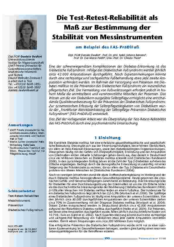 [doc_200203] Die Test-Retest-Reliabilität als Maß zur Bestimmung der Stabilität von Messinstrumenten am Beispiel des FAS-PräDiFuß