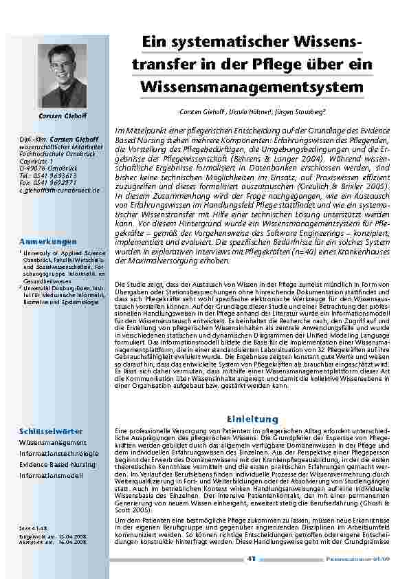 [doc_200176] Ein systematischer Wissenstransfer in der Pflege über ein Wissensmanagementsystem