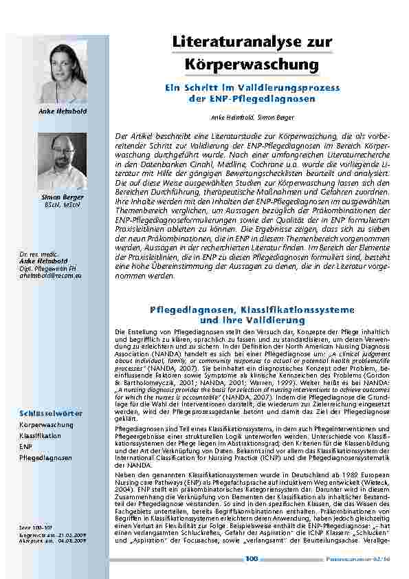[doc_200094] Literaturanalyse zur Körperwaschung – Ein Schritt im Validierungsprozess der ENP-Pflegediagnosen