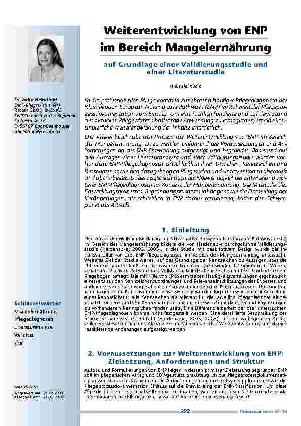 [doc_200065] Weiterentwicklung von ENP im Bereich Mangelernährung auf Grundlage einer Validierungsstudie und einer Literaturstudie