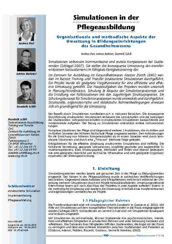 [doc_200051] Simulationen in der Pflegeausbildung. Organisationale und methodische Aspekte der Umsetzung in Bildungseinrichtungen des Gesundheitswesens