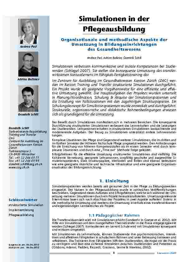 [doc_200043] Simulationen in der Pflegeausbildung. Organisationale und methodische Aspekte der Umsetzung in Bildungseinrichtungen des Gesundheitswesens