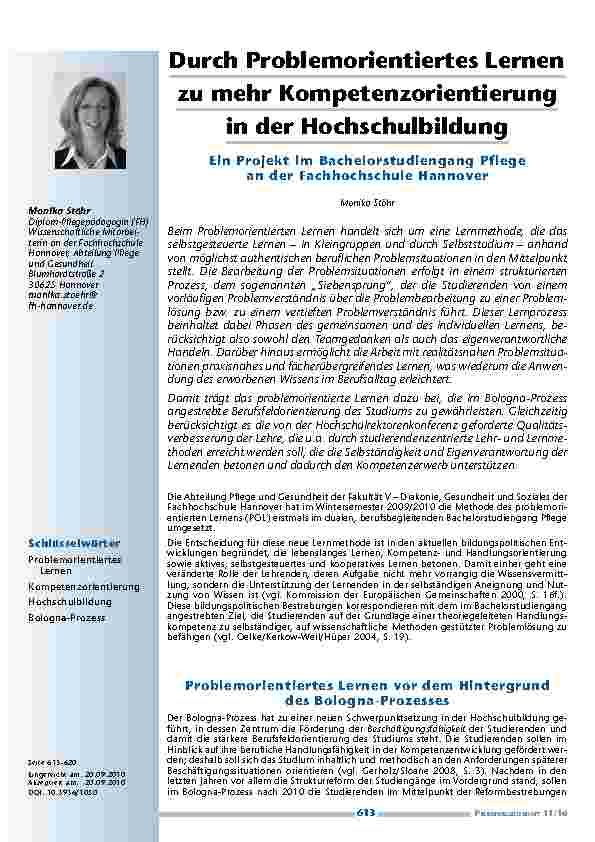 [doc_200023] Durch Problemorientiertes Lernen zu mehr Kompetenzorientierung in der Hochschulbildung – Ein Projekt im Bachelorstudiengang Pflege an der Fachhochschule Hannover