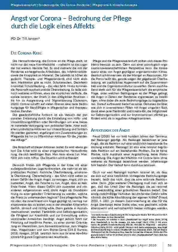 [doc_196789] Angst vor Corona – Bedrohung der Pflege durch die Logik eines Affekts