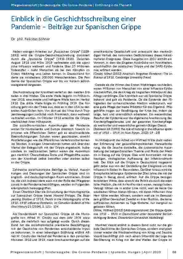 [doc_196775] Einblick in die Geschichtsschreibung einer Pandemie – Beiträge zur Spanischen Grippe