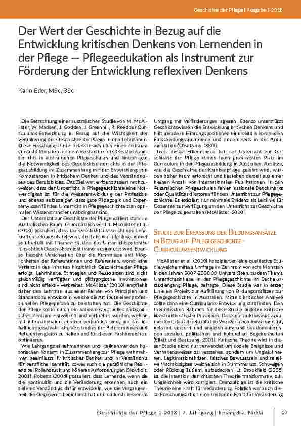 Der Wert der Geschichte in Bezug auf die Entwicklung kritischen Denkens von Lernenden in der Pflege — Pflegeedukation als Instrument zur Förderung der Entwicklung reflexiven Denkens