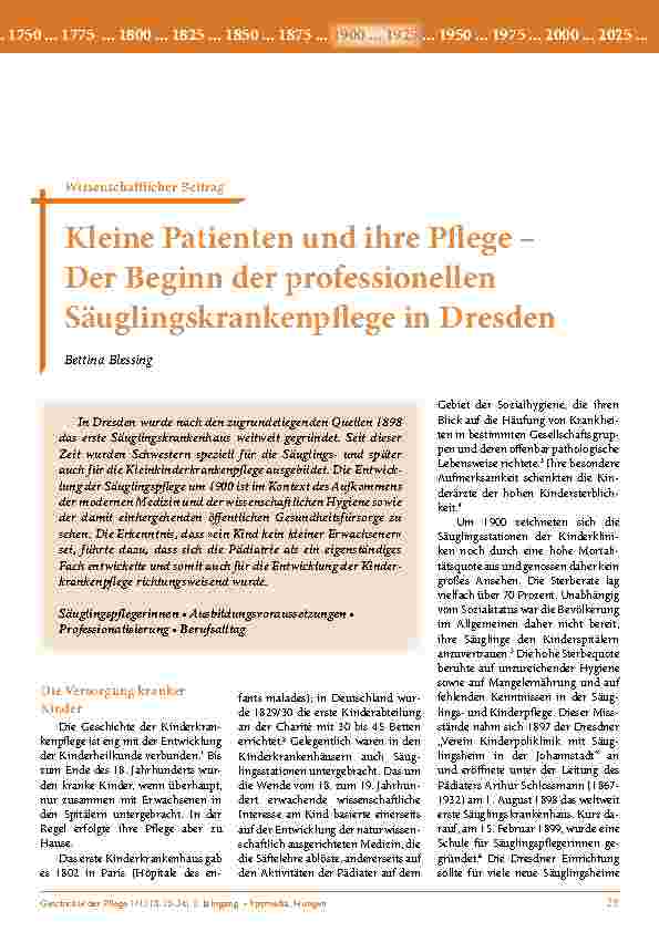 Kleine Patienten und ihre Pflege – Der Beginn der professionellen Säuglingskrankenpfl ege in Dresden