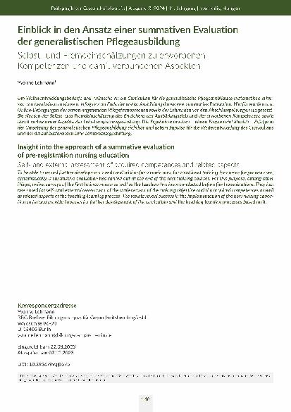 [doc_318501] Einblick in den Ansatz einer summativen Evaluation der generalistischen Pflegeausbildung: Selbstund Fremdeinschätzungen zu erworbenen Kompetenzen und damit verbundenen Aspekten.