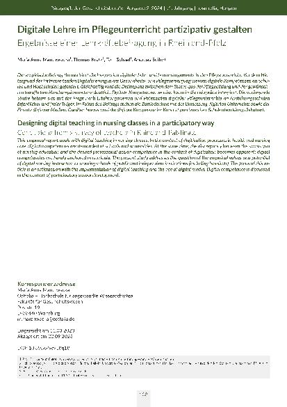 [doc_316734] Digitale Lehre im Pflegeunterricht partizipativ gestalten: Ergebnisse einer Lehrkräftebefragung in Rheinland-Pfalz