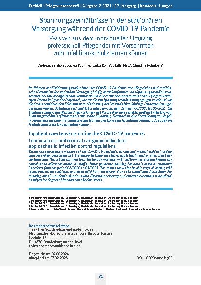 [doc_332639] Spannungsverhältnisse in der stationären Versorgung während der COVID-19 Pandemie Was wir aus dem individuellen Umgang professionell Pflegender mit Vorschriften zum Infektionsschutz lernen können