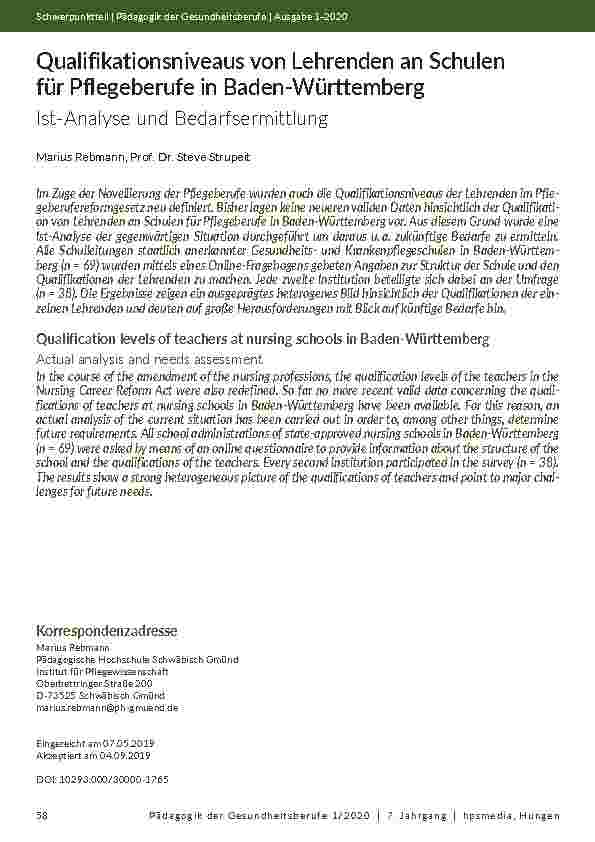 [doc_202147] Qualifikationsniveaus von Lehrenden an Schulen für Pflegeberufe in Baden-Württemberg. Ist-Analyse und Bedarfsermittlung