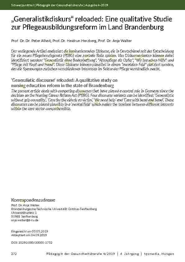 [doc_202135] „Generalistikdiskurs“ reloaded: Eine qualitative Studie zur Pflegeausbildungsreform im Land Brandenburg