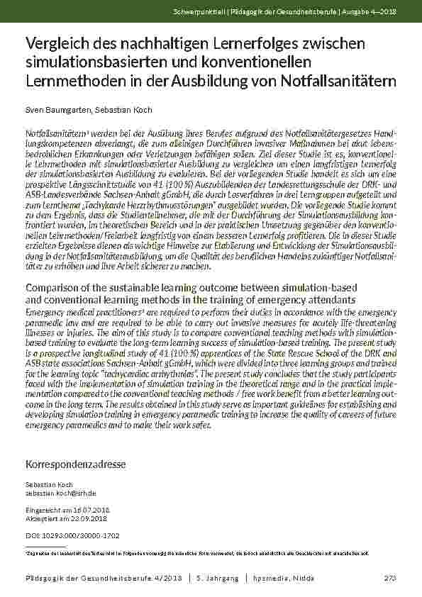 [doc_202089] Vergleich des nachhaltigen Lernerfolges zwischen simulationsbasierten und konventionellen Lernmethoden in der Ausbildung von Notfallsanitätern
