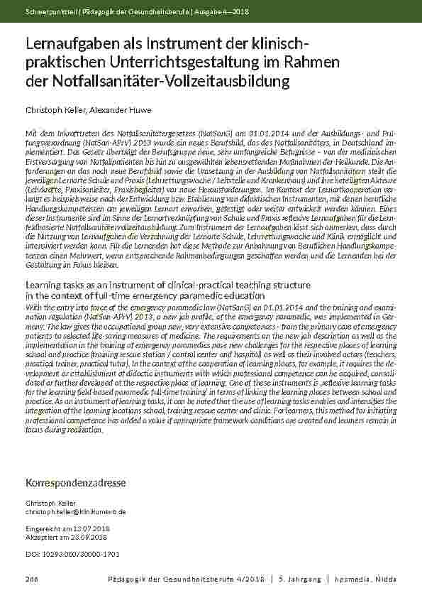 [doc_202088] Lernaufgaben als Instrument der klinisch-praktischen Unterrichtsgestaltung im Rahmen der Notfallsanitäter-Vollzeitausbildung