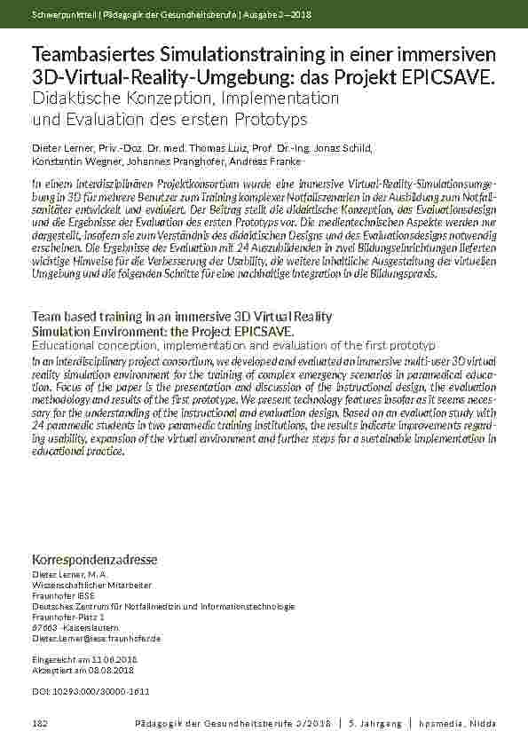 [doc_202077] Teambasiertes Simulationstraining in einer immersiven 3D-Virtual-Reality-Umgebung: das Projekt EPICSAVE.